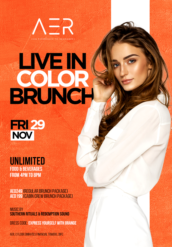 AER Dubai — Live in Color Brunch campaign creative.