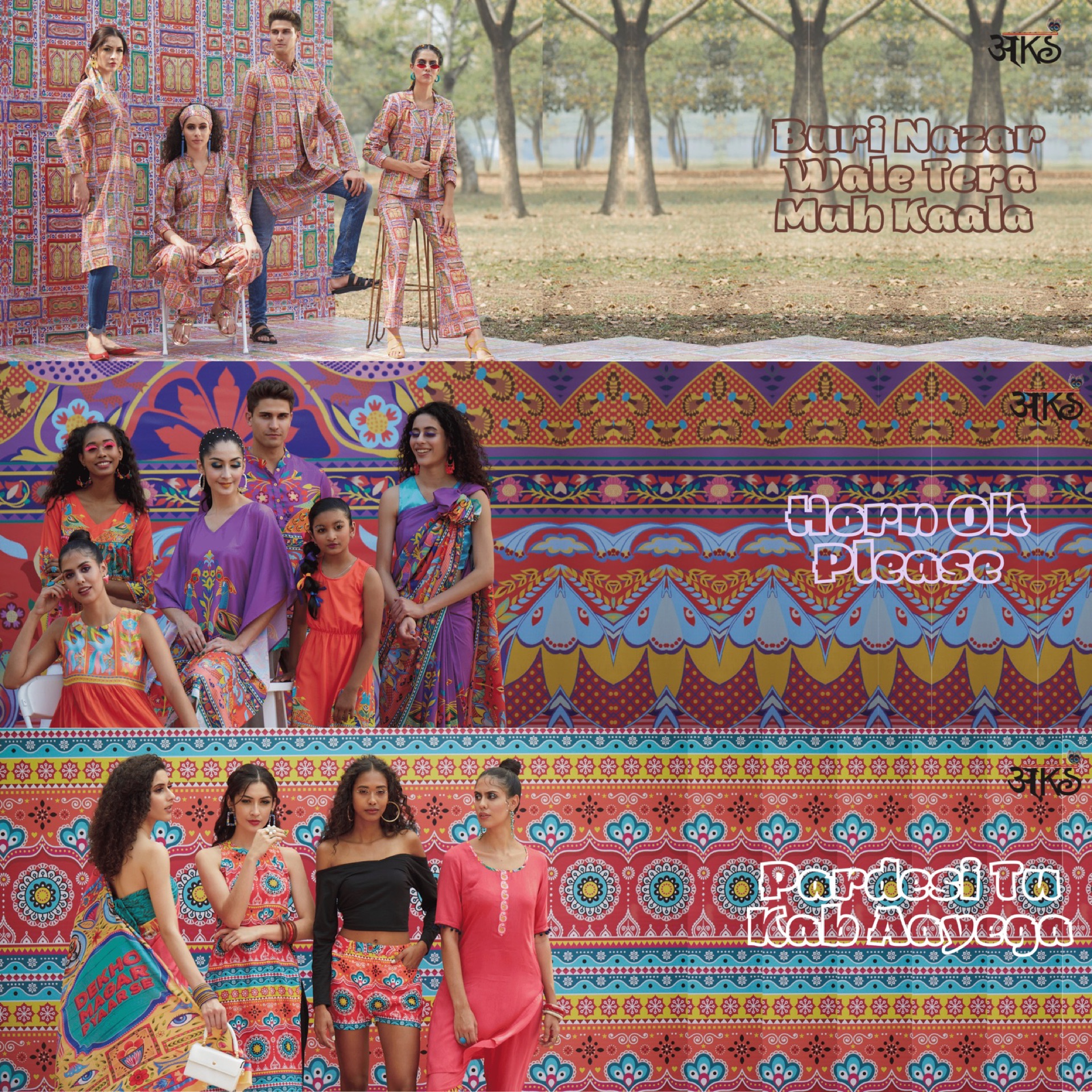AKS by Nidhi — three-collection campaign trio: Buri Nazar Wale, Horn OK Please, Pardesi Tu Kab Aayega.