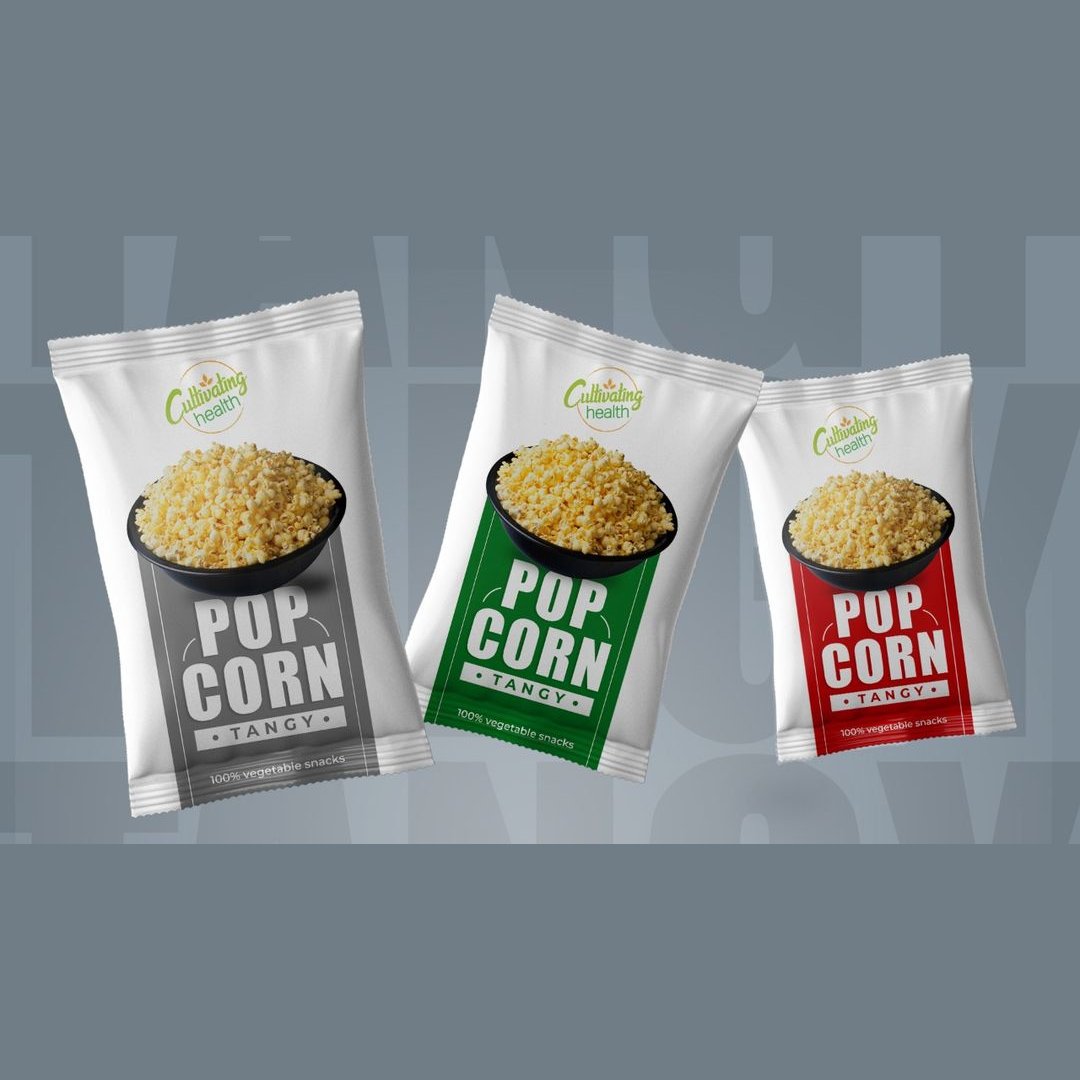 Cultivating Health — Popcorn Tangy three-pack mockup in grey, green and red.