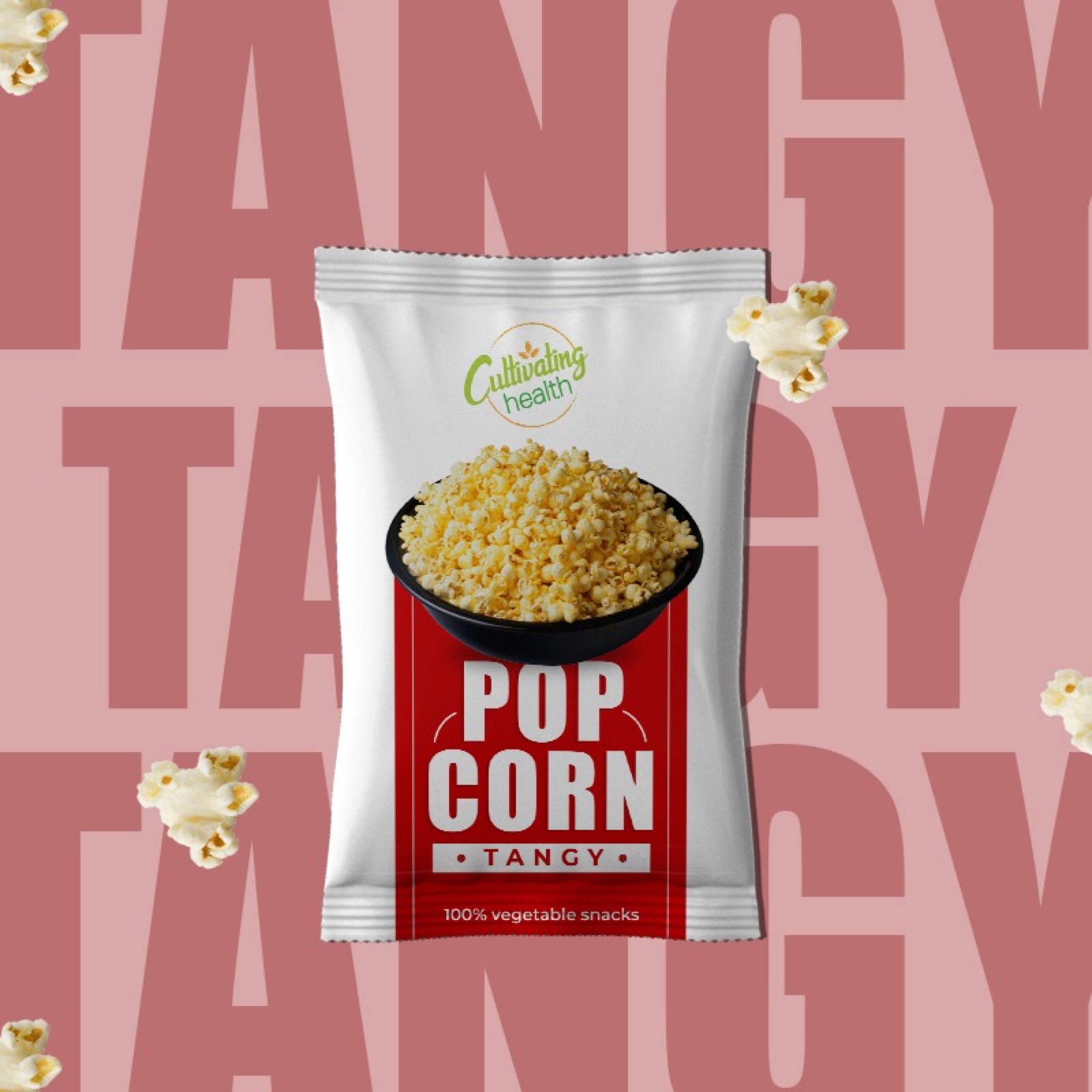 Cultivating Health — Popcorn Tangy single pack on a coral type-led mockup.