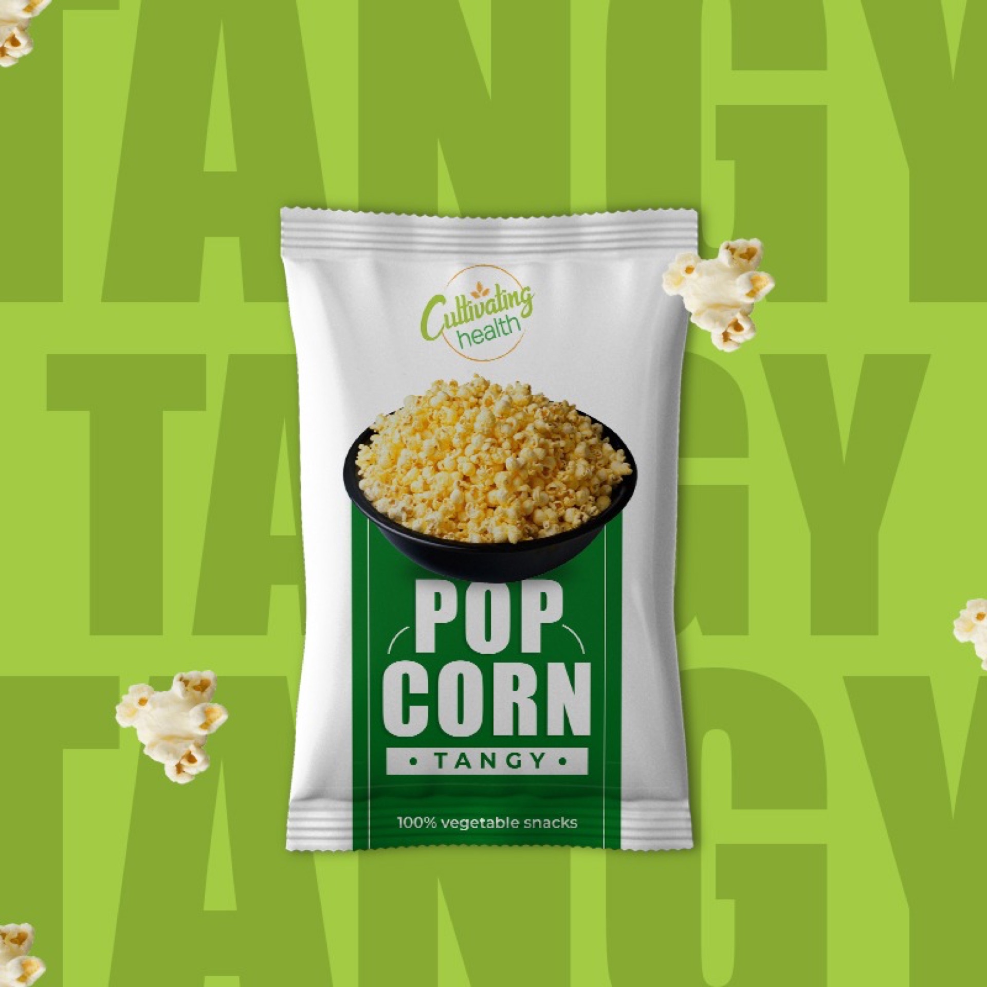 Cultivating Health — Popcorn Tangy single pack on a green type-led mockup.