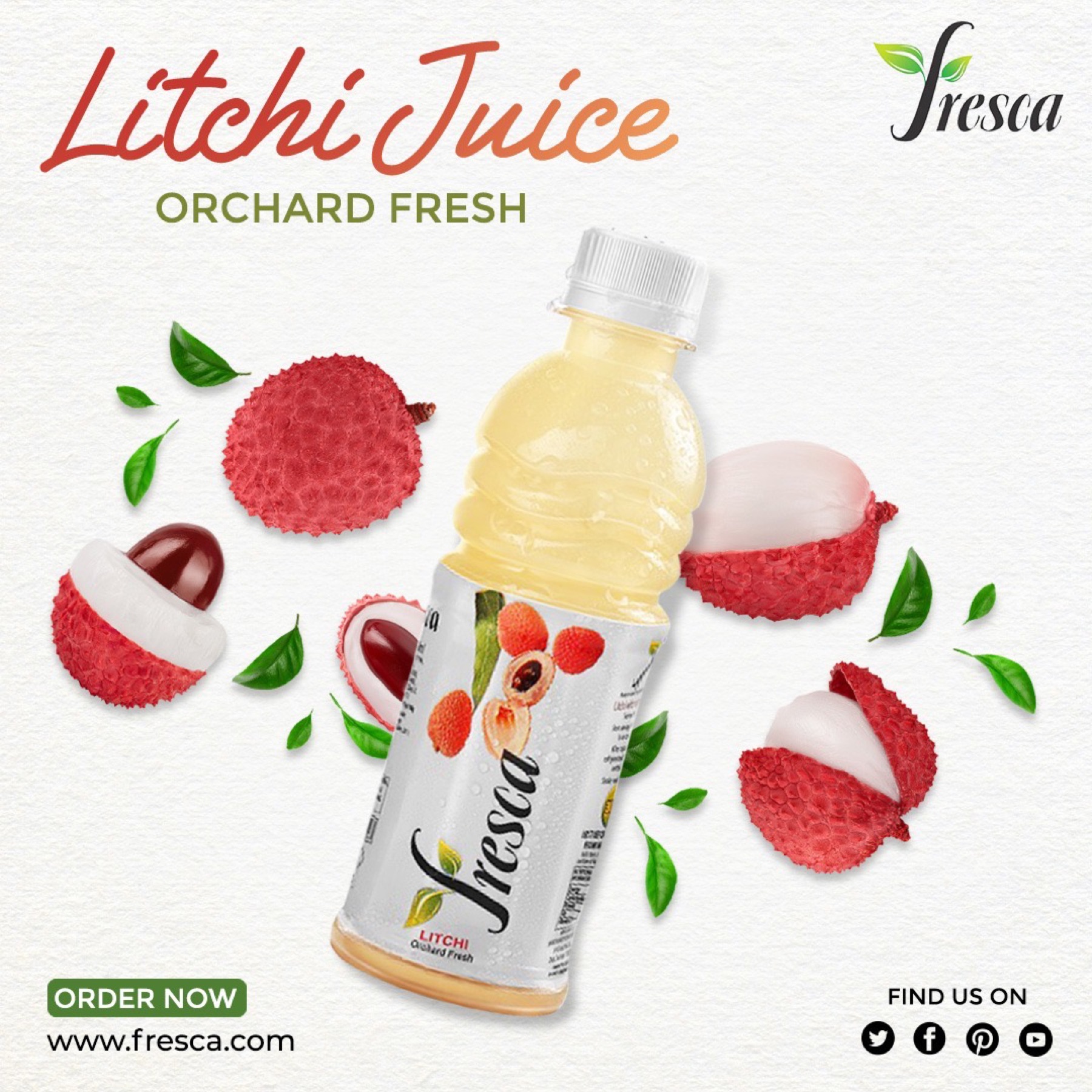 Fresca — Litchi Juice tile, Order Now lockup with halved litchi composition.