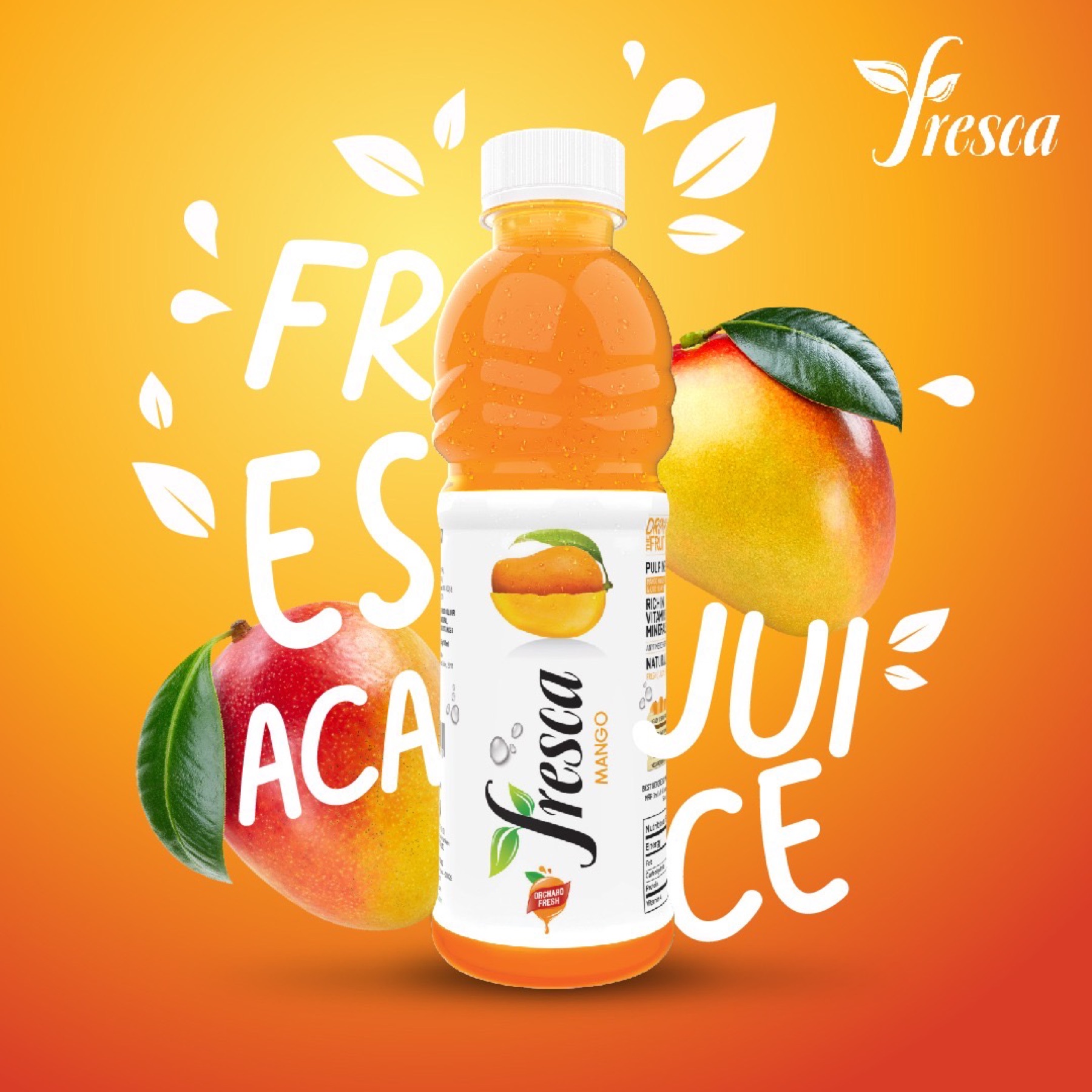 Fresca — Mango Juice tile, Order Now lockup with whole and sliced mango.
