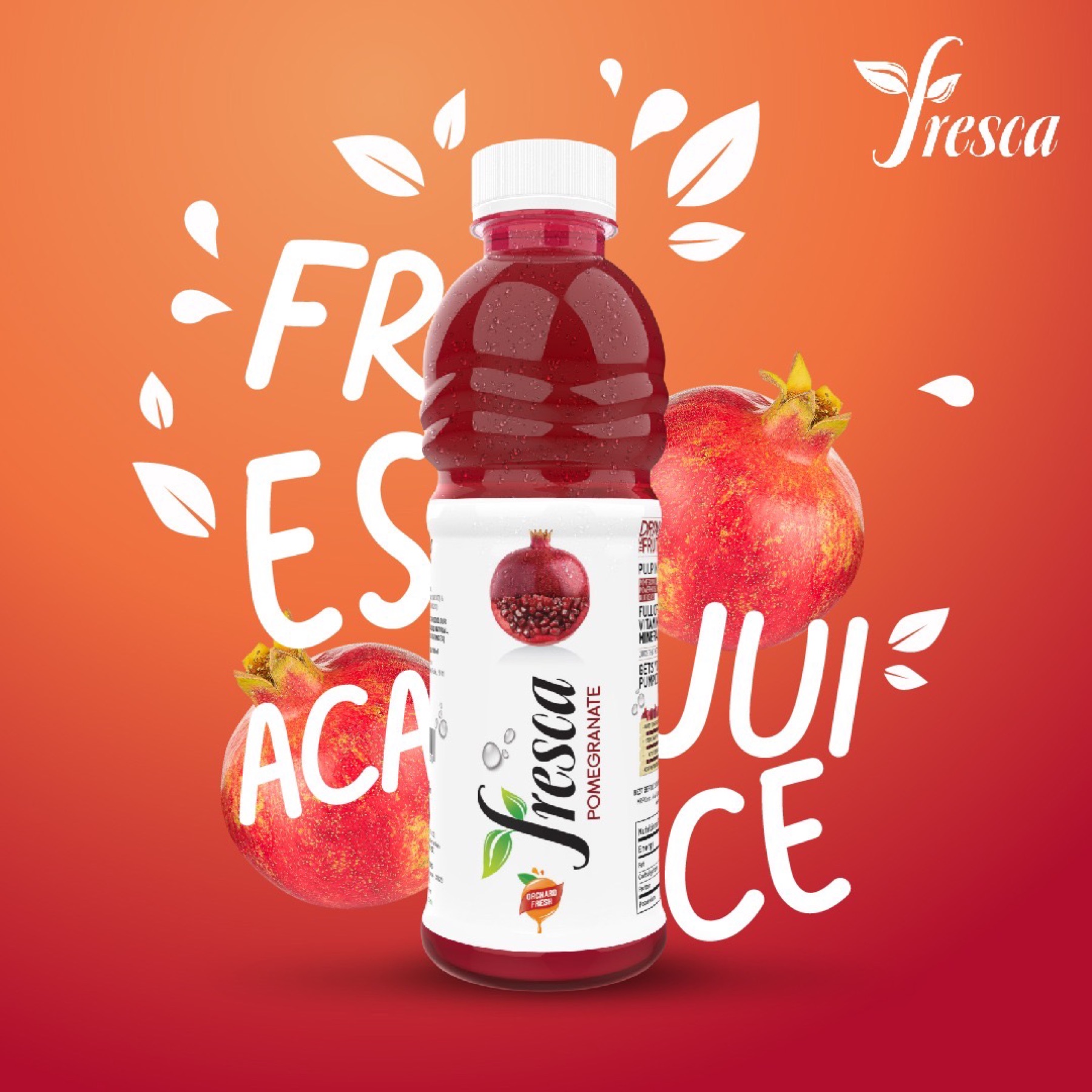 Fresca — Pomegranate variant on a deep red gradient with cropped FRESCA JUICE type wall.