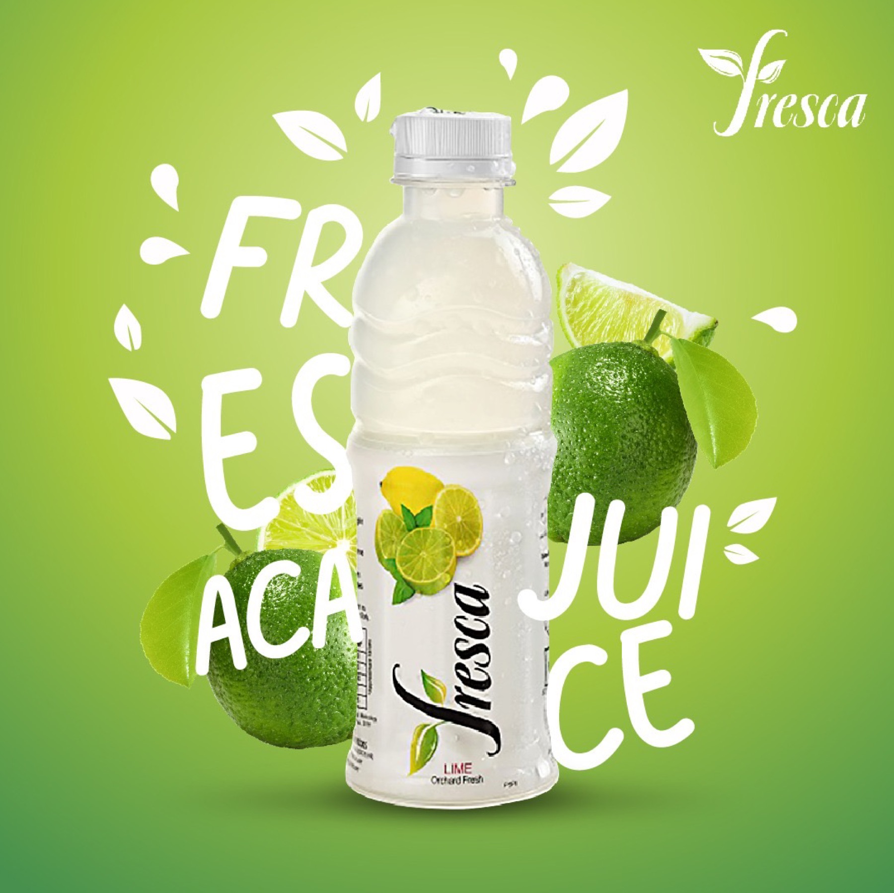Fresca — Lime variant on a saturated green gradient with cropped FRESCA JUICE type wall.