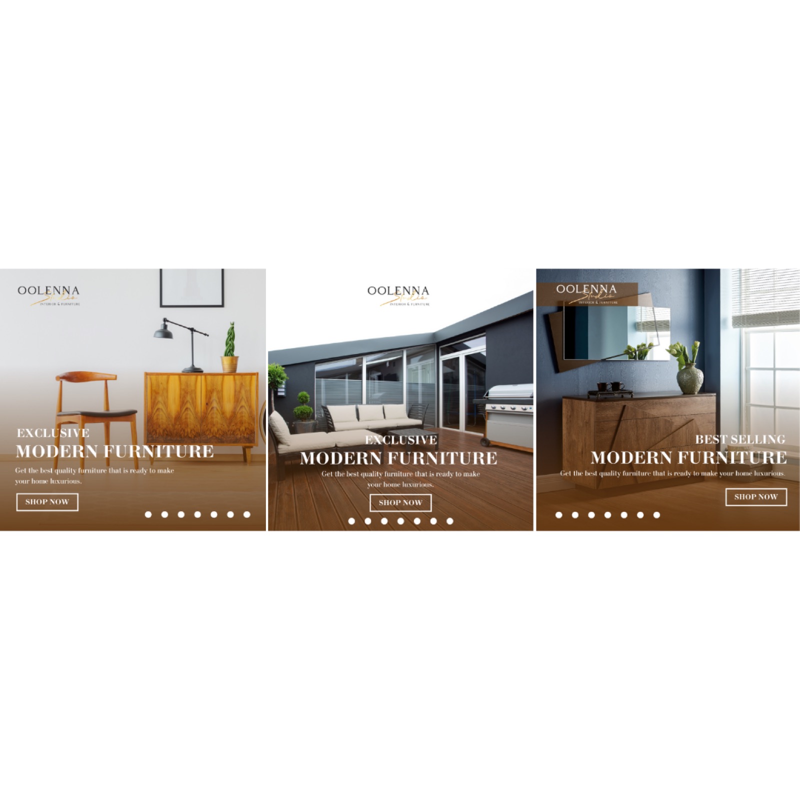 Oolenna — three-tile modern furniture catalog banner.
