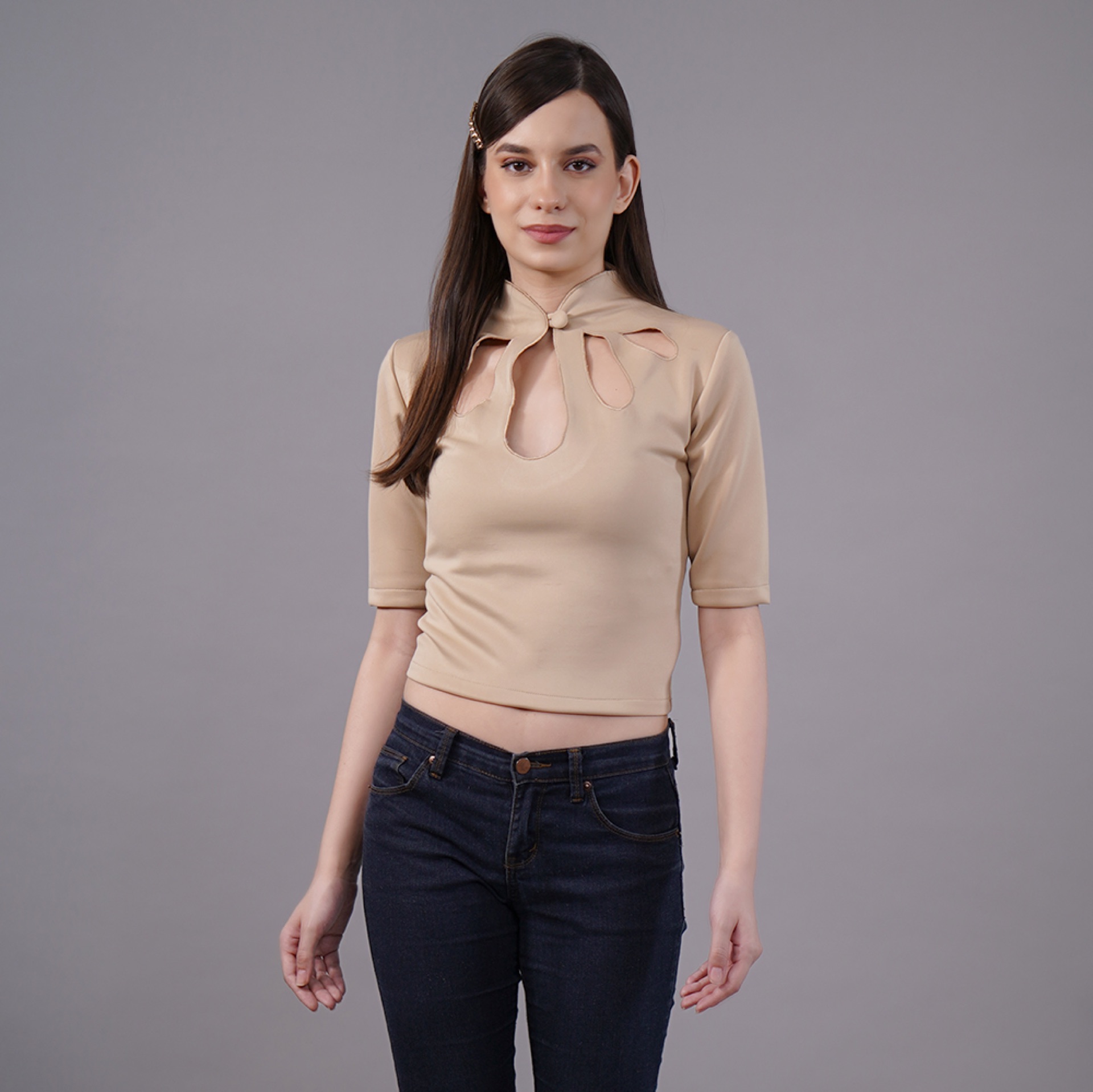 Shaberry — beige keyhole top product detail.