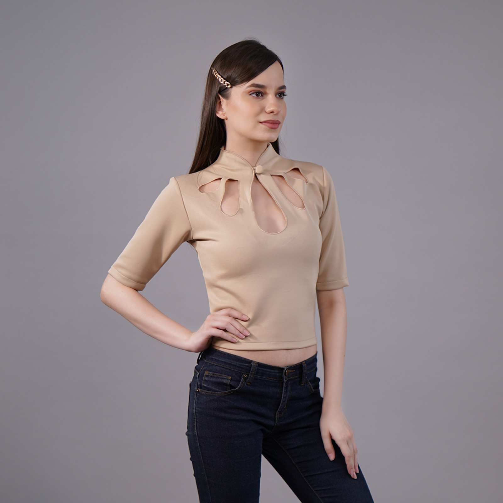 Shaberry — beige collar top product detail.