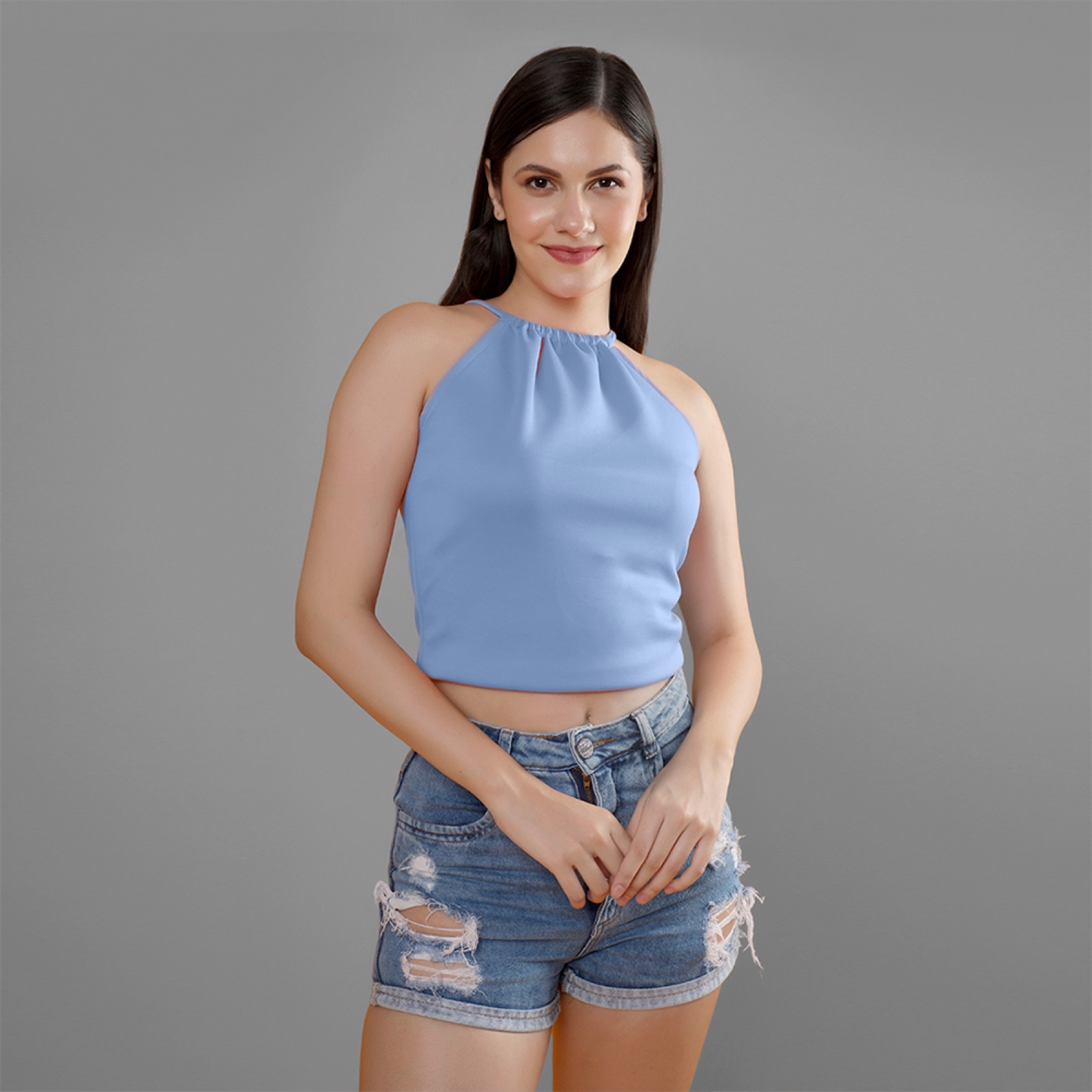Shaberry — blue halter top product detail.