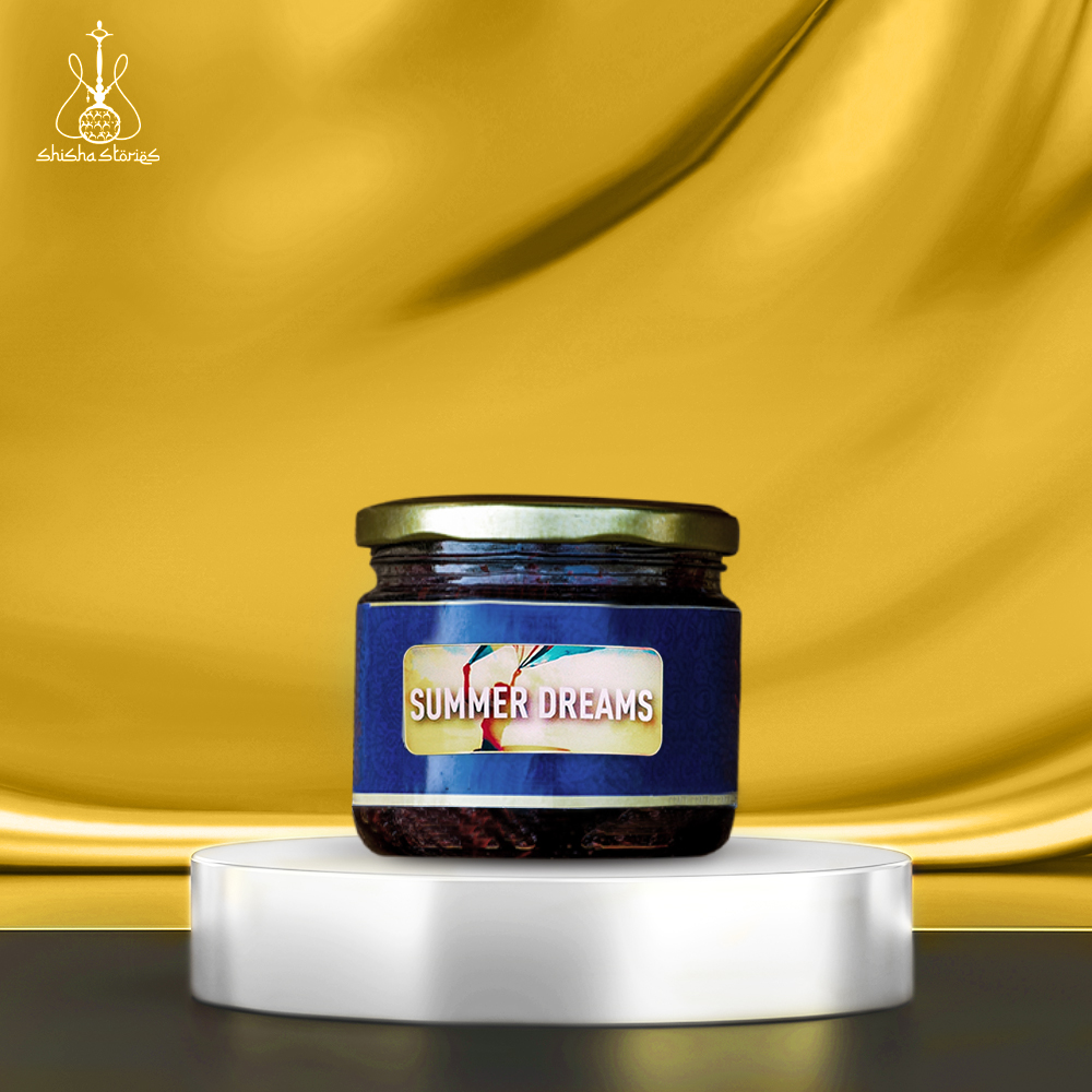 Shisha Stories — Summer Dreams blend on a gold drape.