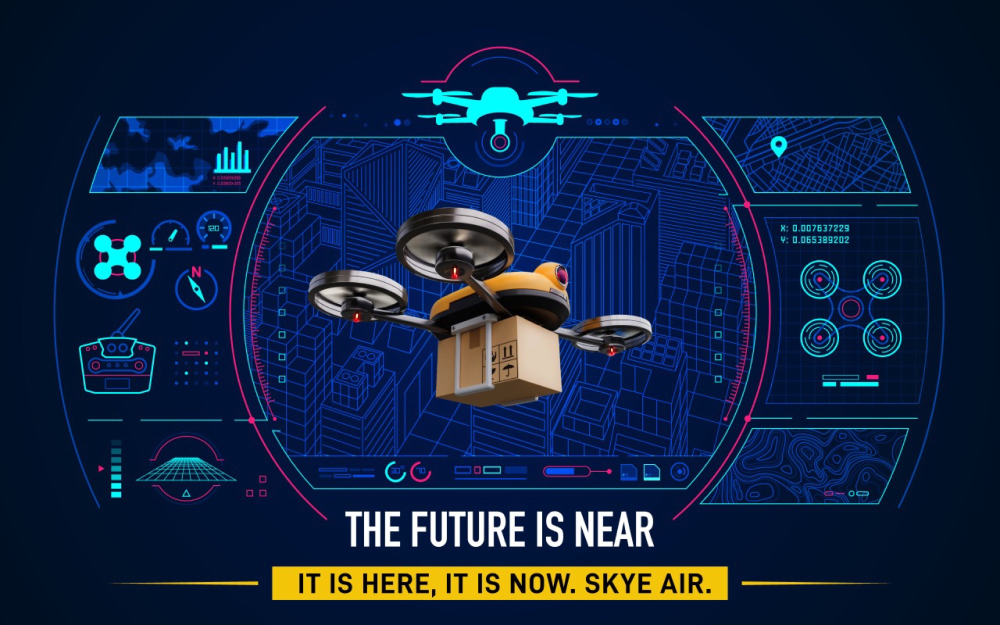 Skye Air — 'The Future Is Near' campaign HUD composition with delivery drone and city overlay.