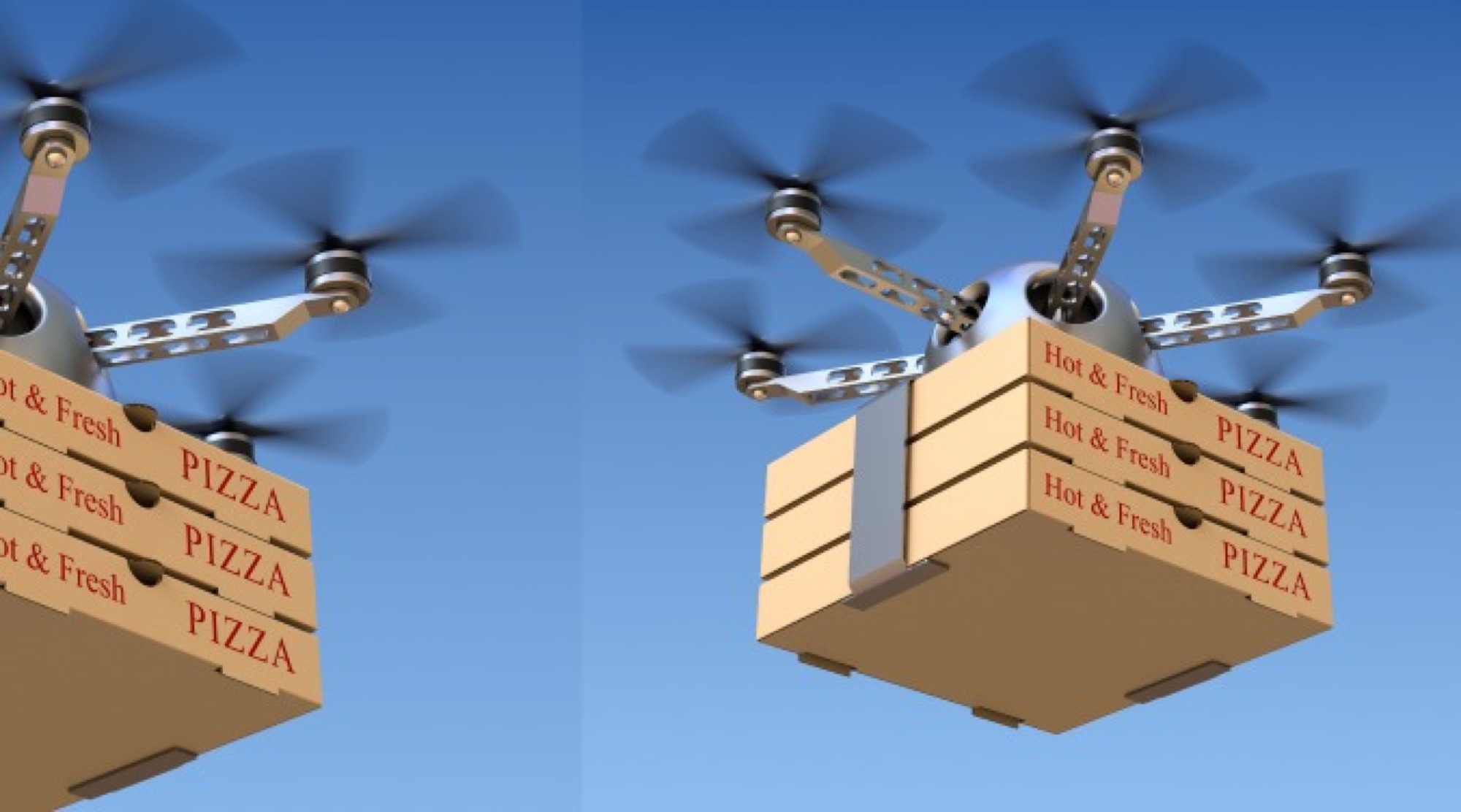 Skye Air — drone delivery use-case mockup with stacked pizza boxes.