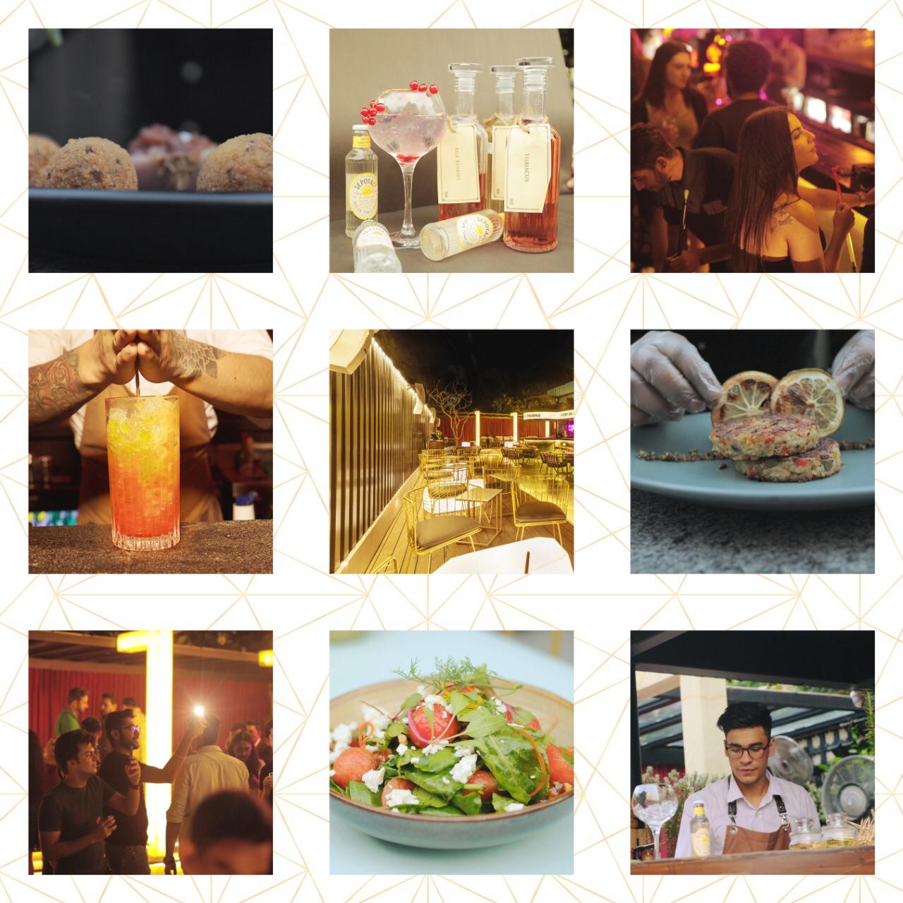 WE Qutub — venue lifestyle grid: cocktails, food, interiors.