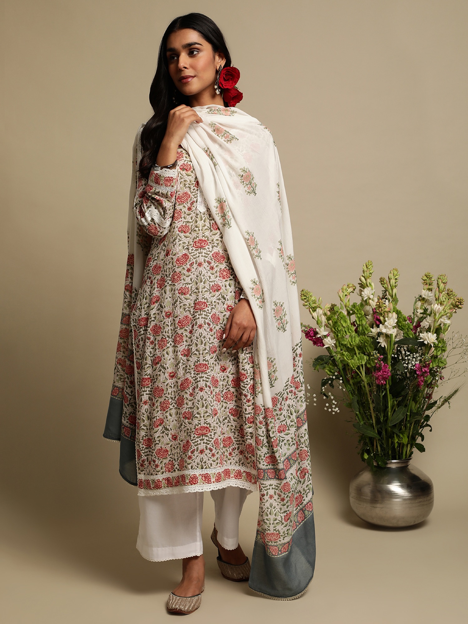 Yumi — Coral Rose Jaal kurta with dupatta, full lookbook moment.