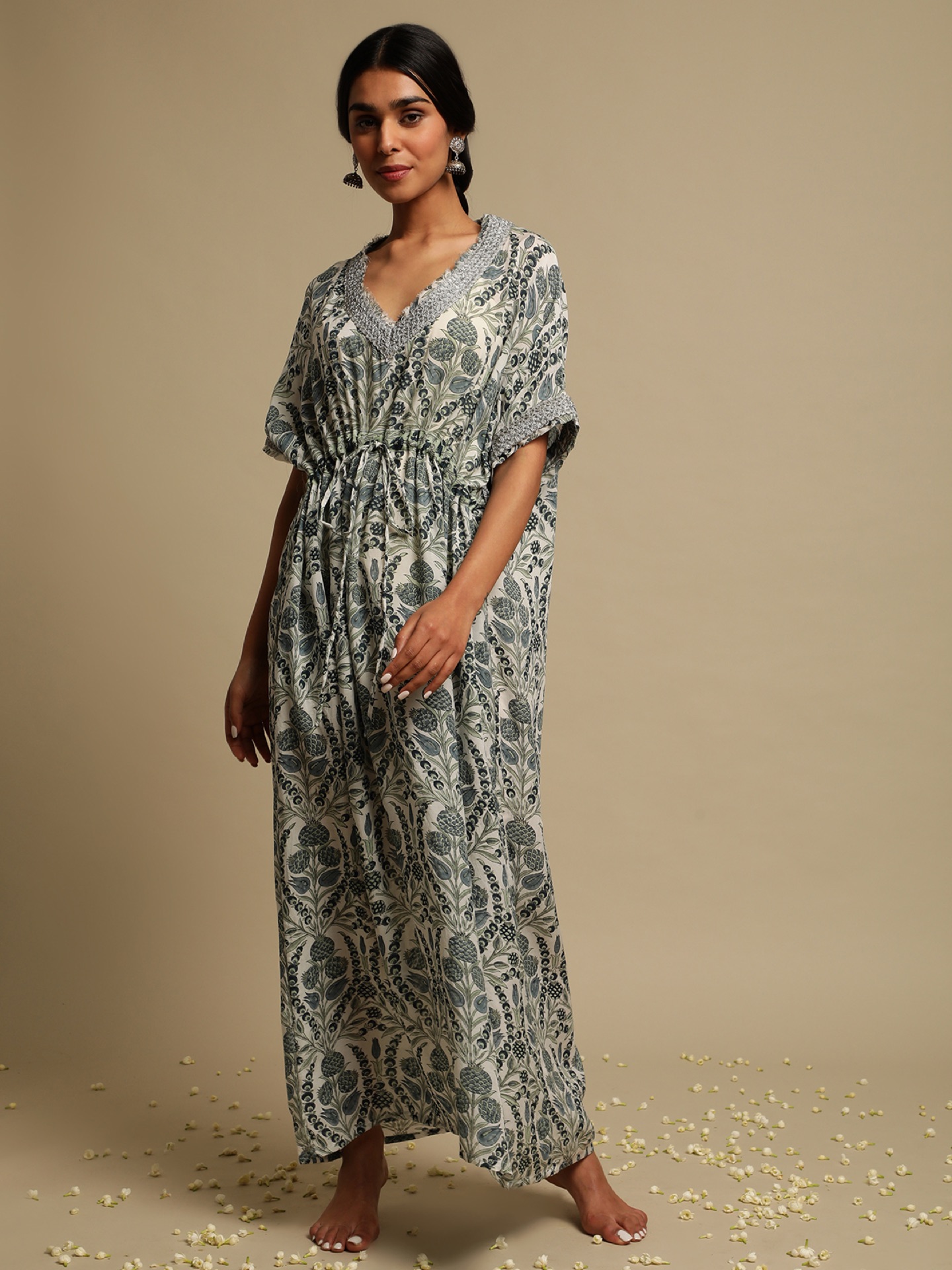 Yumi — Grey Rose Jaal caftan, full-length.