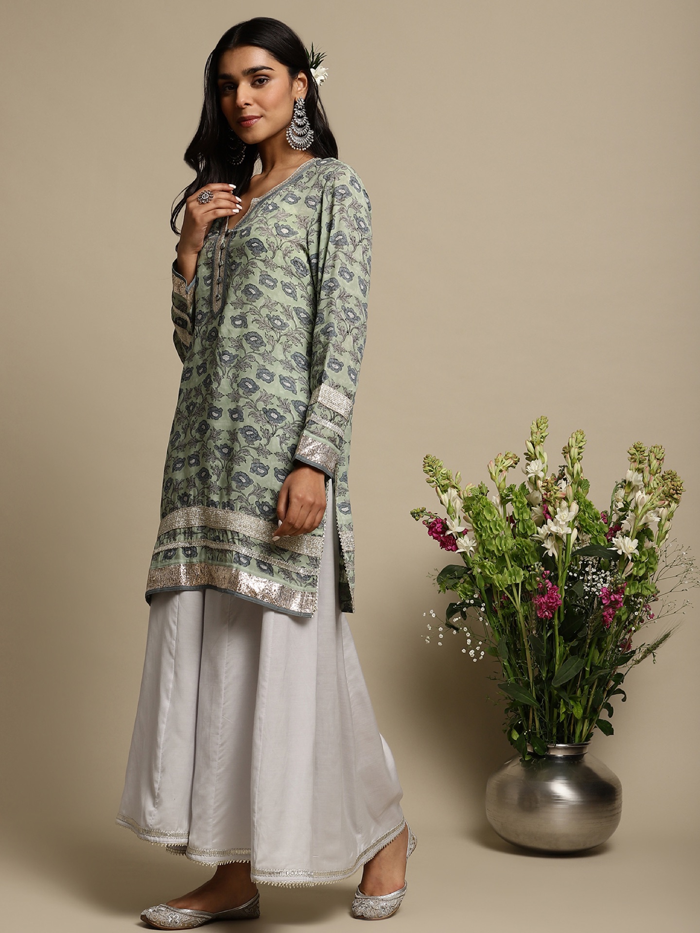 Yumi — Indigo Grey Anaar Jaal kurta with sharara.